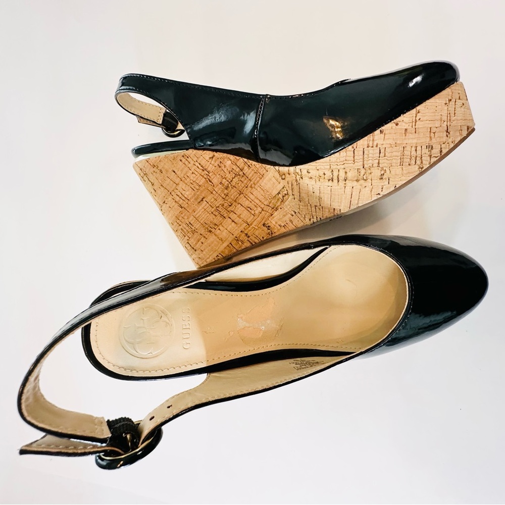 GUESS Gwhardyn Black Patent Slingback Cork Wedge Gold Accent Heel NWT Sz 7.5